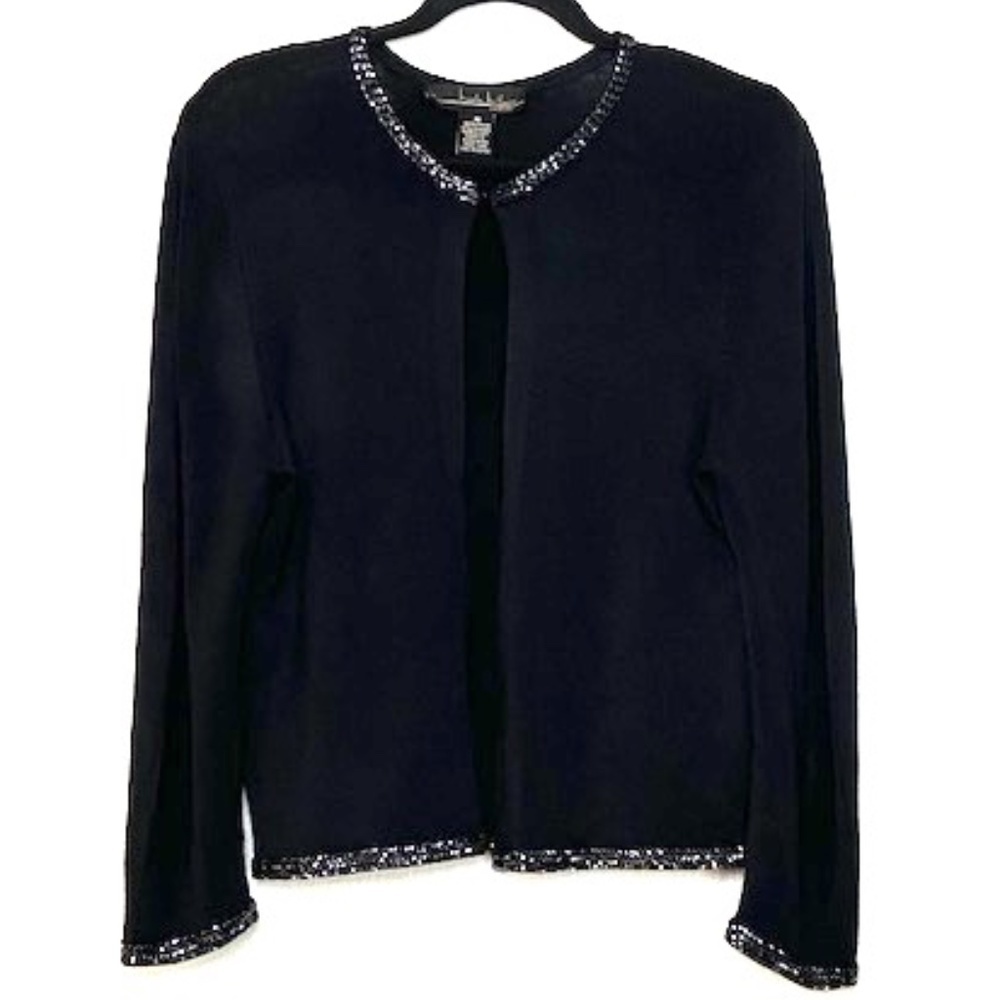 NICOLE MILLER Black Beaded Collar & Hem Cardigan M